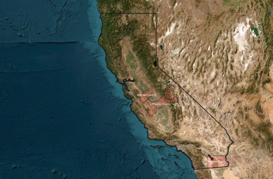 All animal feeding operations and cantaloupe fields in Fresno, Imperial and Merced counties, Calif.